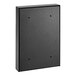 A black rectangular steel wall mounted drop box with two holes on the side.