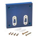 A blue square wood box with screws.