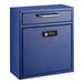 A blue metal wall mounted drop box with a combination lock.