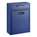 A blue steel wall mounted drop box with a combination lock.