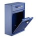 A blue steel wall mounted drop box with key and combination lock.