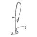 A T&S chrome wall-mounted pre-rinse faucet with hose and sprayer.