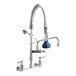 A silver T&S Mini-PRU wall-mounted pre-rinse faucet with a blue metal handle.