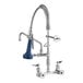 A silver T&S Mini-PRU wall-mounted pre-rinse faucet with chrome and blue accents.