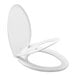 A white Mayfair elongated plastic toilet seat with a lid up.