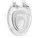 A white Mayfair elongated toilet seat with hinges.