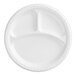 A white Ecopax polypropylene plate with three compartments.