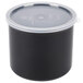 A Carlisle translucent round polypropylene crock lid on a black crock.