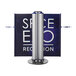 A ZonePro metal stanchion with a customizable blue and silver banner on it.
