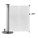 A ZonePro rolling stanchion with a white safety banner and blue accents on a metal stand.