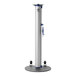 A silver and blue metal ZonePro rolling stanchion with a blue handle.