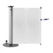 A white and blue ZonePro safety banner on a metal stand with black accents.