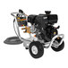 A Mi-T-M CA Aluminum Series cold water pressure washer with wheels and a hose.