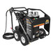 A black Mi-T-M hot water pressure washer with wheels and a hose.