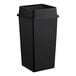 A black rectangular Lavex trash can with a swing lid.