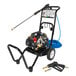 A black and silver Mi-T-M cart mount electric pressure washer with a hose.
