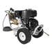 A Mi-T-M gas powered pressure washer with wheels and a hose.