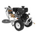 A Mi-T-M pressure washer with a hose and wheels.