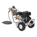 A Mi-T-M cold water pressure washer with a hose attached.