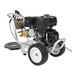 A Mi-T-M gas powered pressure washer with a hose and wheels.