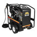 A black Mi-T-M hot water pressure washer with wheels and a hose attached.