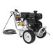 A Mi-T-M cold water pressure washer with a hose and wheels.