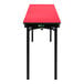 A red rectangular National Public Seating folding table with black legs.