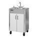 An Ozark River Manufacturing stainless steel portable hot water hand sink with a white cabinet on wheels.