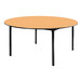 A round National Public Seating Fusion Maple plywood folding table with black metal legs.