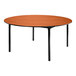 A National Public Seating round table with a Wild Cherry wood top and black T-Mold edge on black metal legs.