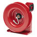 A red metal Reelcraft hose reel with a metal handle.