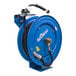 A blue BluBird hose reel with a black rubber hose attached.