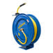 A blue and yellow BluBird OilShield hose reel with a hose attached.