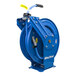 A blue metal hose reel with a black hose attached.