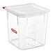 An Araven clear square polycarbonate food storage container with a red airtight lid.