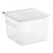 An Araven translucent square polypropylene food storage container with a red lid.