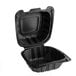 A black Choice plastic hinged take-out container with one compartment and a lid.