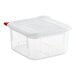 An Araven translucent square plastic food storage container with a red lid.