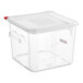 An Araven clear square polycarbonate food storage container with a red airtight lid.