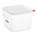 An Araven clear square polycarbonate food storage container with a red lid.