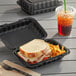 A sandwich and fries in a Choice black plastic take-out container.