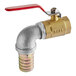 A brass drain valve with a red handle.