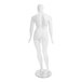 An Econoco white female mannequin with a garment on it and a silver base, with the right leg bent.