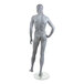 A slate grey male mannequin with a bent left leg and right hand on hip.