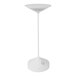 An Abert Tempo white table lamp with a white pole and round base and button.