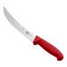 A Victorinox butcher knife with a red handle.