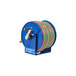 A blue Coxreels 100W Series hand crank hose reel with green and red hoses.