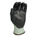 A green HDPE work glove with black polyurethane coating on the palm.