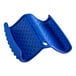A blue silicone pot holder with holes in it.