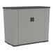 A grey Suncast outdoor storage cabinet with black handles.